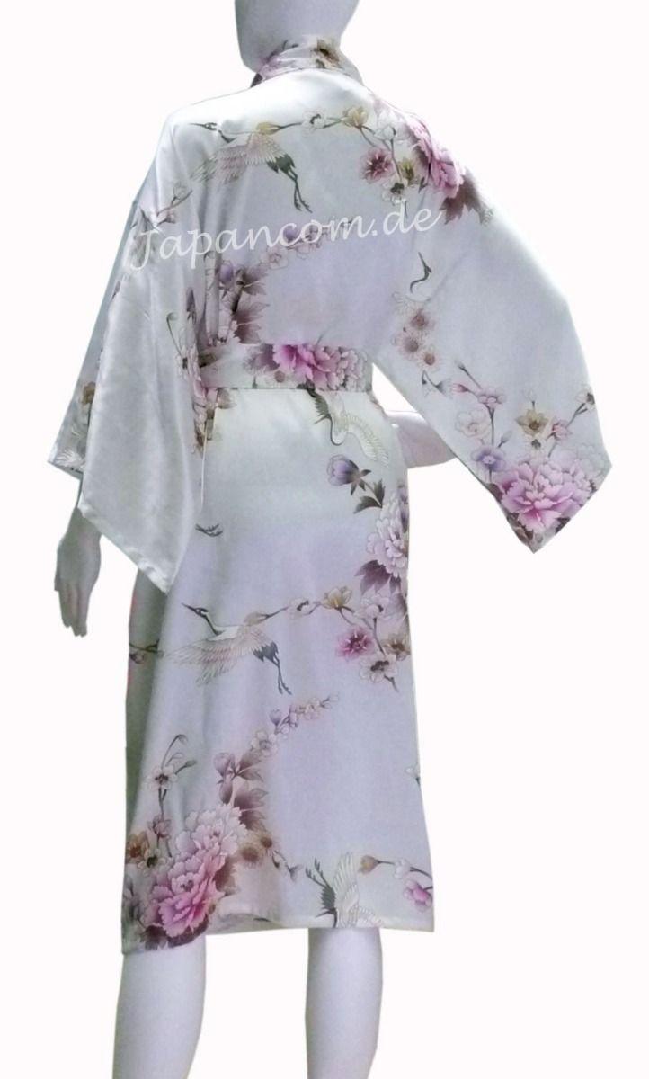 Kimono Royal Cranes weiss, kurz, Seide, Morgenmantel